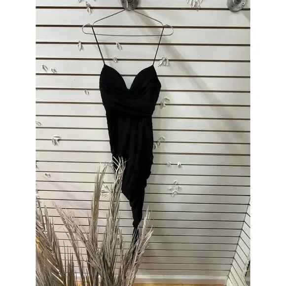 Nookie Nylon Moscow Ruched Asymmetric Maxi Evening Gown Black Women's Size L